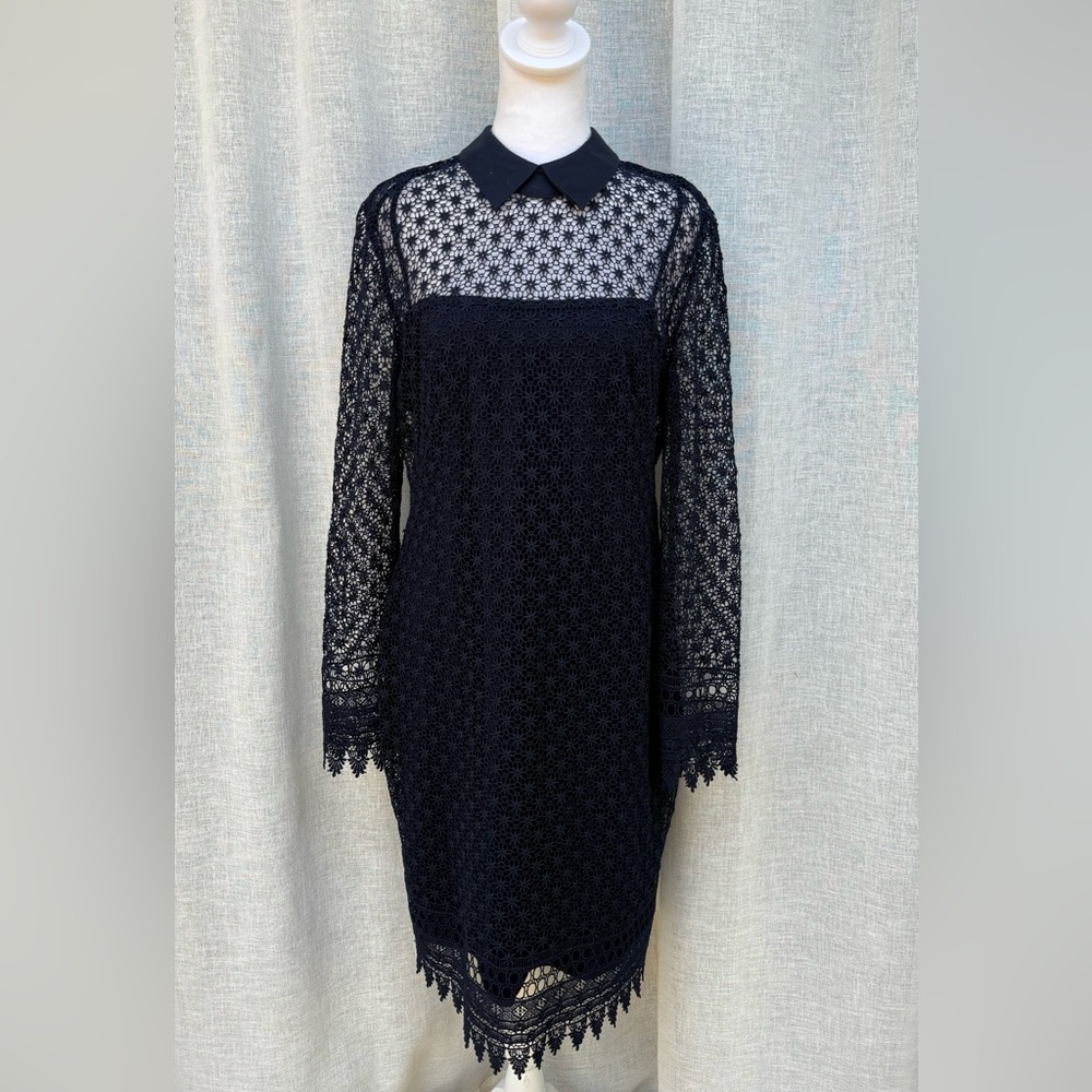 Lauren Ralph Lauren navy blue lace floral under slip long sleeve dress - Picture 2 of 11